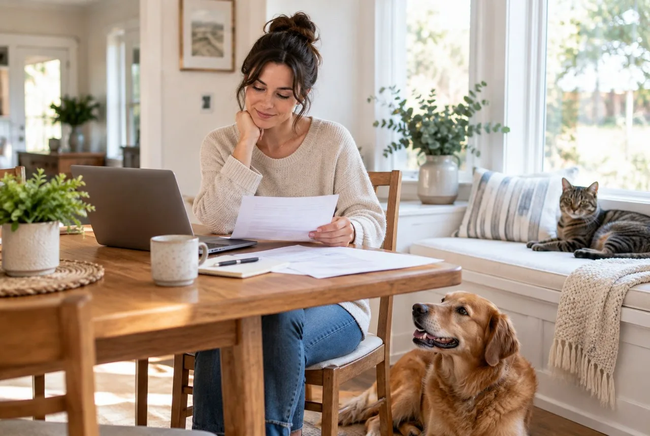 Owner reviewing papers at a laptop with a dog nearby and a cat on the sofa